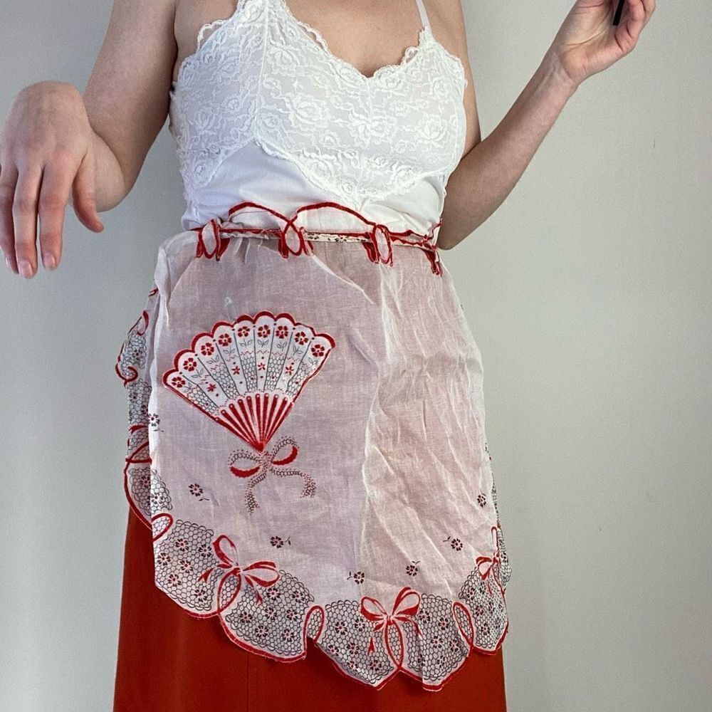 VTG 40s / 50s Sheer Fan and Bow Design Pocketed Fashion Apron for Wear or Upcycl - Picture 2 of 7